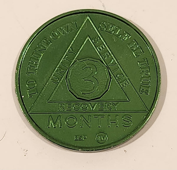 Vintage AA Alcoholics Anonymous To Thine Own Self Be True 3 Months Green Metal Recovery Token Chip