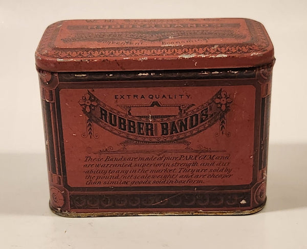 Rare Antique Early 1900s W. H. Stanage &amp; Co. Extra Quality Rubber Bands Hinged Tin Metal Container