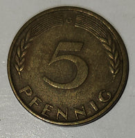 1950 Federal Republic of Germany 5 Pfenning Brass Steel Metal Coin