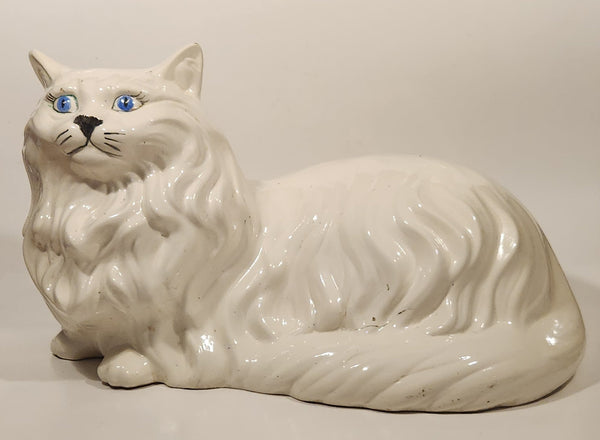 1980s Large Ceramic White Persian Cat with Blue Eyes Laying Ceramic Sculpture Ornament