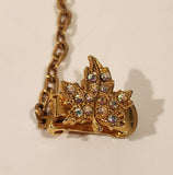 Vintage Sparkling Rhinestone Gold Tone Maple Leaf Double Tie Clip with Chain