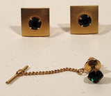 Vintage Green Emerald Gold Tone Cufflinks and Tie Tack Set