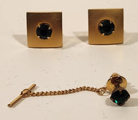 Vintage Green Emerald Gold Tone Cufflinks and Tie Tack Set