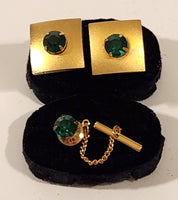 Vintage Green Emerald Gold Tone Cufflinks and Tie Tack Set