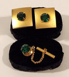 Vintage Green Emerald Gold Tone Cufflinks and Tie Tack Set