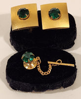 Vintage Green Emerald Gold Tone Cufflinks and Tie Tack Set