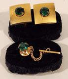 Vintage Green Emerald Gold Tone Cufflinks and Tie Tack Set