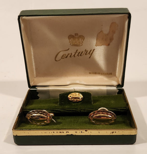 Vintage Century Made in Canada Peanut Style Gold Plated Cufflinks and Tie Tack Set in Original Box