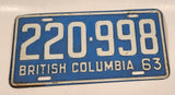 1963 Beautiful British Columbia Light Blue with White Letters Vehicle License Plate Tag 220 998