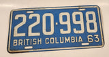 1963 Beautiful British Columbia Light Blue with White Letters Vehicle License Plate Tag 220 998