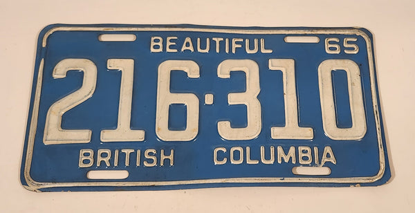 Vintage 1965 Beautiful British Columbia White Letter Light Blue Vehicle Automobile License Plate Tag 216 310