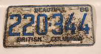 1966 Beautiful British Columbia White with Light Blue Letters Vehicle License Plate 220 344