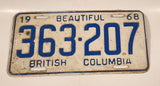 1968 Beautiful British Columbia White with Blue Letters Vehicle License Plate 363 207