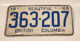 1968 Beautiful British Columbia White with Blue Letters Vehicle License Plate 363 207