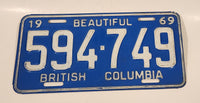 1969 Beautiful British Columbia Light Blue with White Letters Vehicle License Plate Tag 594 749