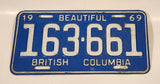 1969 Beautiful British Columbia Light Blue with White Letters Vehicle License Plate Tag 163 661