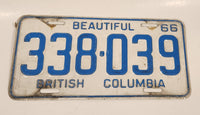 1966 Beautiful British Columbia White with Light Blue Letters Vehicle License Plate 338 039