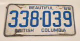 1966 Beautiful British Columbia White with Light Blue Letters Vehicle License Plate 338 039