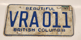 1978 Beautiful British Columbia White with Blue Letters Vehicle License Plate VRA 011