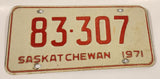 Vintage 1971 Saskatchewan Red Lettering White Vehicle License Plate Metal Tag 83 307