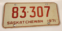 Vintage 1971 Saskatchewan Red Lettering White Vehicle License Plate Metal Tag 83 307