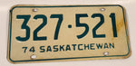 Vintage 1974 Saskatchewan Green Lettering White Vehicle License Plate Metal Tag 327 521