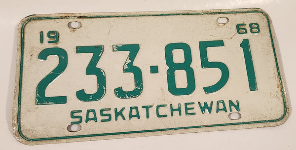 Vintage 1968 Saskatchewan Green Lettering White Vehicle License Plate Metal Tag 233 851