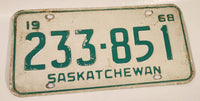 Vintage 1968 Saskatchewan Green Lettering White Vehicle License Plate Metal Tag 233 851