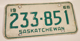 Vintage 1968 Saskatchewan Green Lettering White Vehicle License Plate Metal Tag 233 851