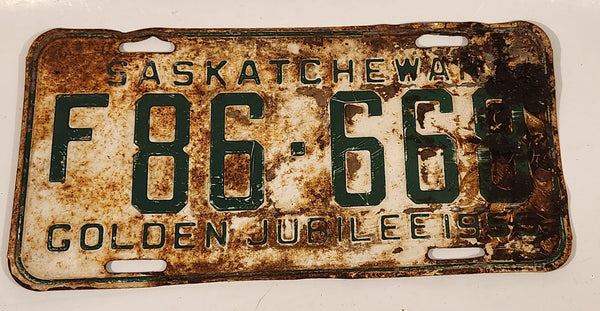 Vintage 1955 Saskatchewan Golden Jubilee Farm Vehicle Green Lettering White Vehicle License Plate Metal Tag 86 668