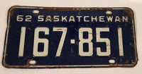 Vintage 1962 Saskatchewan White Lettering Dark Blue Vehicle License Plate Metal Tag 167 851