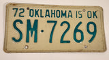 1972 Oklahoma IS OK Green Letters White  Vehicle License Plate Tag SM 7269