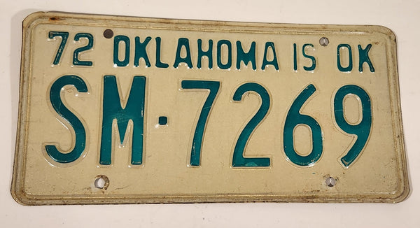 1972 Oklahoma IS OK Green Letters White  Vehicle License Plate Tag SM 7269