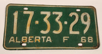 Vintage 1968 Alberta Farm Vehicle White Letters Green Vehicle License Plate Tag 17 33 29