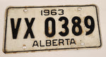 Vintage 1963 Alberta Black Letters White Vehicle License Plate VX 0389