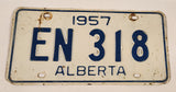 Vintage 1957 Alberta Blue Letters White Vehicle License Plate EN 318