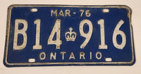 March 1976 Ontario Blue with White Letters Vehicle License Plate B14 916