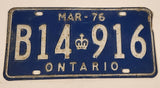 March 1976 Ontario Blue with White Letters Vehicle License Plate B14 916