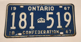 1967 Ontario 1867 Confederation Blue with White Letters Vehicle License Plate 181 519