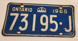 1965 Ontario Blue with White Letters Vehicle License Plate 73195 J