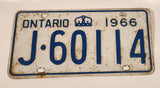 1966 Ontario White with Blue Letters Vehicle License Plate J 60114