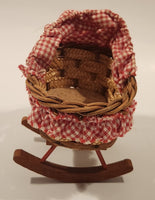 Vintage German Rocking Bassinette Baby Cradle Miniature Wood and Wicker Doll Toy