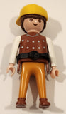 1993 Geobra PlayMobil Brunette Male Brown Spotted Shirt White Sleeves Orange Pants Yellow Hat Toy Figure