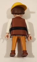 1993 Geobra PlayMobil Brunette Male Brown Spotted Shirt White Sleeves Orange Pants Yellow Hat Toy Figure