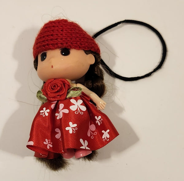 Kawaii Doll Girl in Red Dress with Rose Bow 3 1/2" Tall Toy Doll Hanging Charm