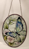 Butterfly and Pink Flowers Glass Suncatcher Hanging