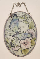 Butterfly and Pink Flowers Glass Suncatcher Hanging