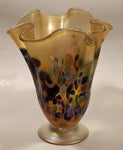 Arte Vargas Ruffled Lettuce Edge Iridescent Rainbow Spotted 6 5/8" Tall Hand Blown Art Glass Vase Signed