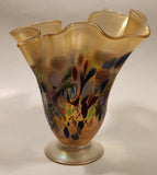 Arte Vargas Ruffled Lettuce Edge Iridescent Rainbow Spotted 6 5/8" Tall Hand Blown Art Glass Vase Signed