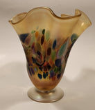 Arte Vargas Ruffled Lettuce Edge Iridescent Rainbow Spotted 6 5/8" Tall Hand Blown Art Glass Vase Signed